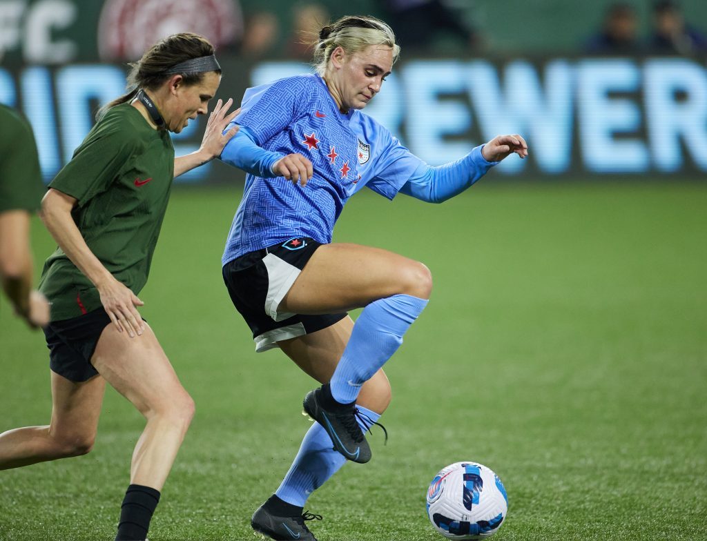 Bianca St. Georges of the Chicago Red Stars tries to advance the ball against Portland on Saturday. Photo by Craig Mitchelldyer, USA Today Sports