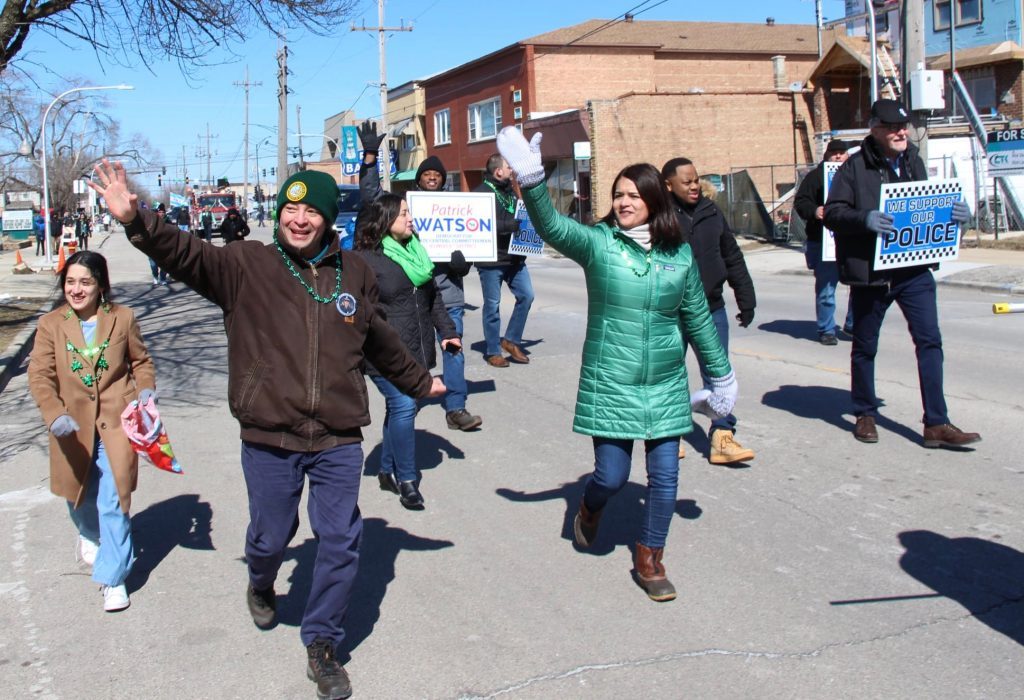 Lopez (left) was proved popular with the crowd at last month’s St. Patrick’s Day Parade in Garfield Ridge, as he walked the route with political ally and 23rd Ward Ald. Silvana Tabares. --Supplied photo