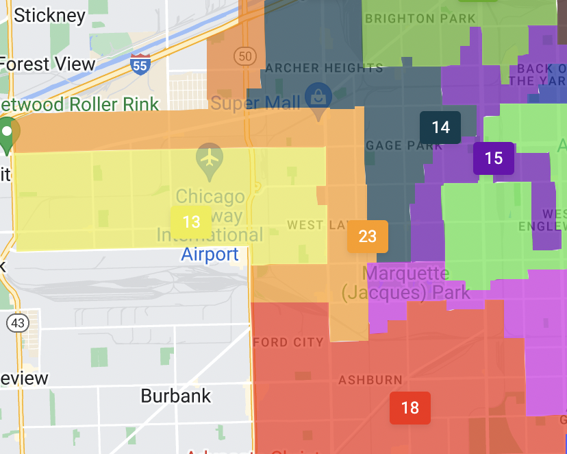 Captions:




The new map will shift control of Midway International Airport from the 23rd to the 13th Ward, and push the 14th Ward east, out of Garfield Ridge entirely. --Supplied image