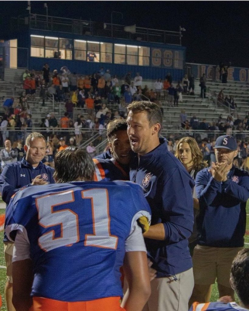 Stagg coach Colt Nero and his players enjoy snapping a 23-game losing streak Friday night. Photo by Stagg High School