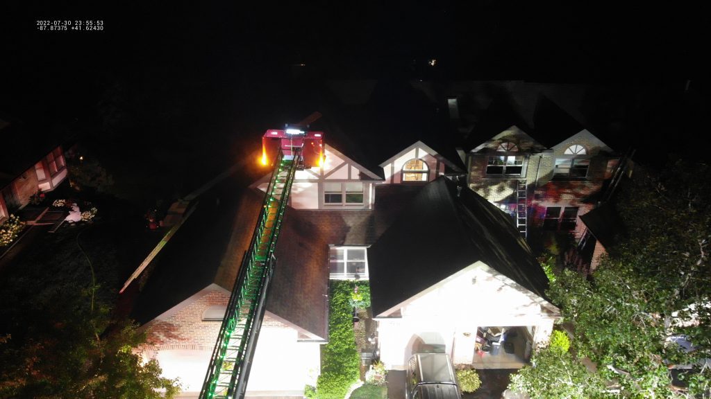 A fire that started on the back patio of a row house located at 146th Street and Morningside Road in Orland Park spread to the home and injured one resident Saturday night. (Photo courtesy of the Orland Fire Protection District)