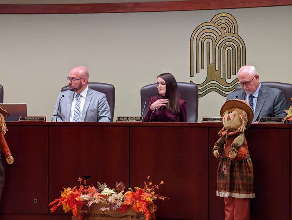Mayor Melissa Neddermeyer presides over the Willow Springs Village Board meeting on October 27. (Staff photo)