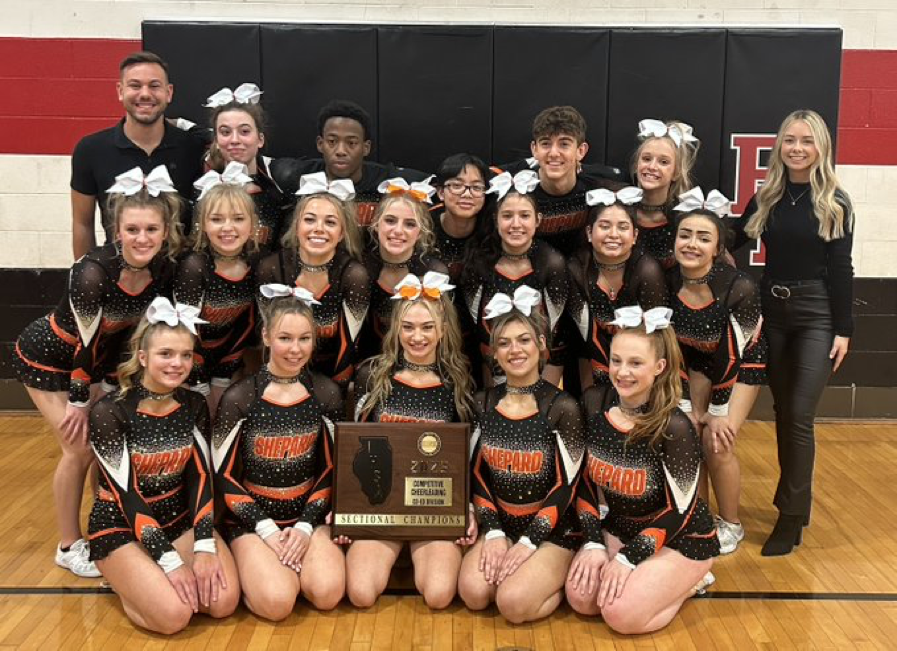 Shepard's cheerleaders won the coed division of the Bradley-Bourbonnais Sectional and will head to state. Photo courtesy of Shepard High School