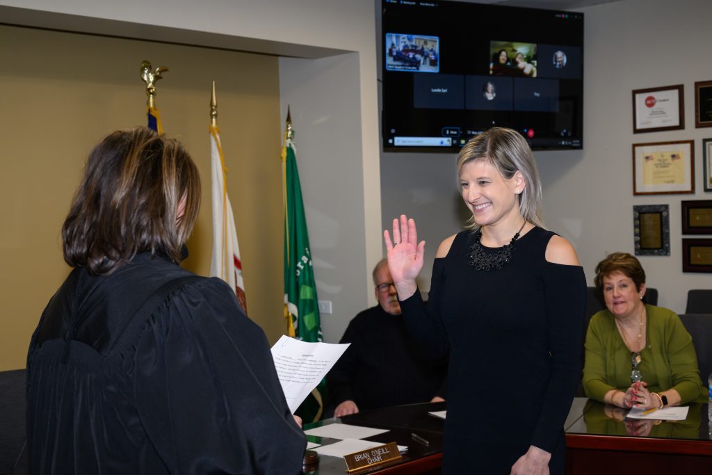 Jaclyn O’Day is sworn in as a trustee of Moraine Valley Community College. (Supplied photos)
