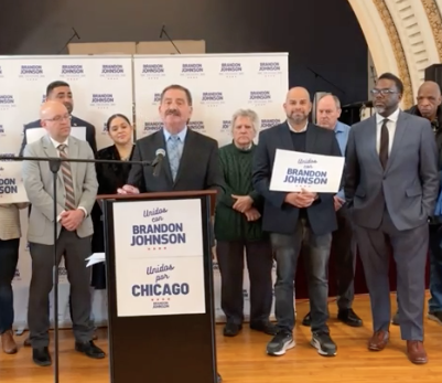 U.S. Rep. Jesús “Chuy” García (D-4th) announces his endorsement of the mayoral candidacy of Cook County Commissioner Brandon Johnson (D-1st).--Supplied photo
