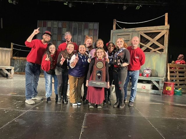 The cast, crew and directors of the Contest Play of “Macbeth” from Richards High School celebrate winning the IHSA state championship. (Supplied photo)