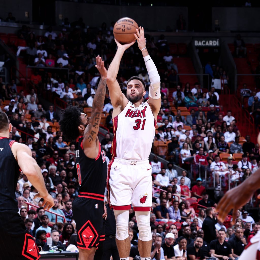 Stagg grad Max Strus launches a 3-point attempt against the Chicago Bulls on April 14. Miami Heat photo