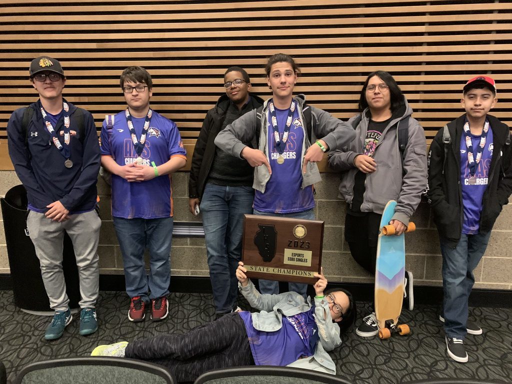 Stagg eSports participants have fun after a successful run in the state tournament at Evergreen Park on April 29. (Photo courtesy of Stagg High School)