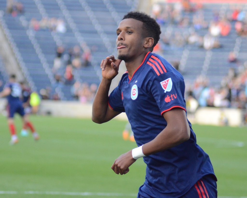 Chicago fire midfielder Maren Haile-Selassie reacts after scoring a goal in the third minute of his team's 2-1 victory over St. Louis in the Open Cup on May 9 in Bridgeview. Photo by Jeff Vorva