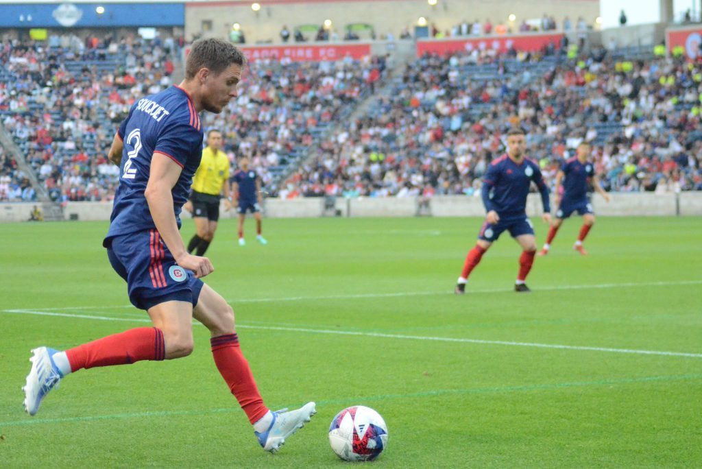 The Chicago Fire's Arnaud Souquet scored the lone goal in a 4-1 U.S. Open loss to Houston in what is likely the last Fire game at SeatGeek Stadium in Bridgeview this season. Photo by Jeff Vorva