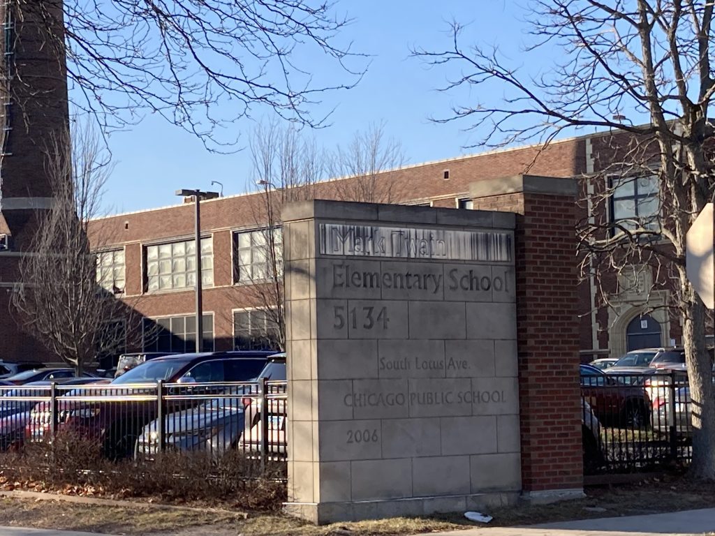 A view of Twain Elementary School from its northeast corner. The school’s name is mostly obscured by what appears to be years of accumulated grime. --Greater Southwest News-Herald photo by Tim Hadac