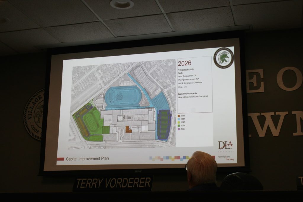 A chart depicting future changes for Oak Lawn Community High School, including an additional parking lot, were provided during the Oak Lawn Village Board meeting Tuesday morning. (Photo by Joe Boyle)