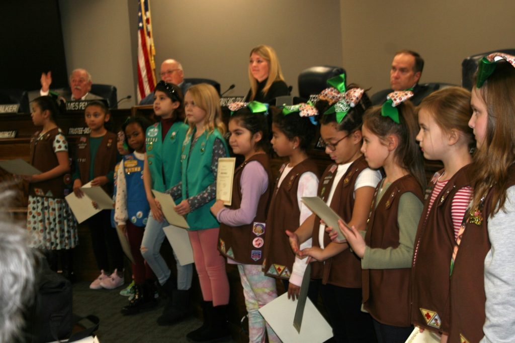 Members of Daisy and Brownie Troop 65782 received certificates of recognition and were honored at the Oak Lawn Village Board meeting Tuesday night. The scouts collected 1 million pop top pull tabs that they brought to the Ronald McDonald House. (Photo by Joe Boyle)