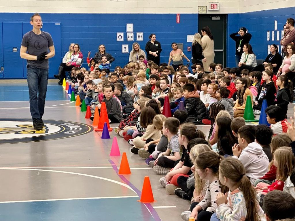 From the stage of "America's Got Talent," Chippewa Elementary School, 12425 S. Austin Ave., Palos Heights, welcomed BMX rider, Matt Wilhelm, for an anti-bullying presentation on January 30. (Photos by Kelly White)