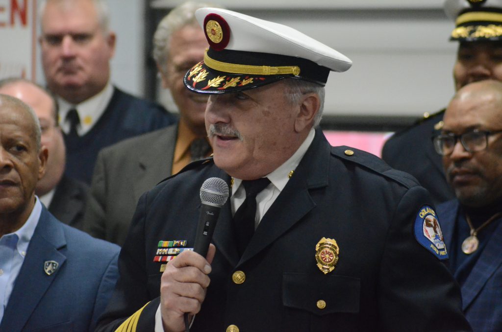 Orland Fire Protection District Chief Michael Schofield talks about new technology saving lives at a news conference Jan. 31 in Hazel Crest. (Photo by Jeff Vorva)