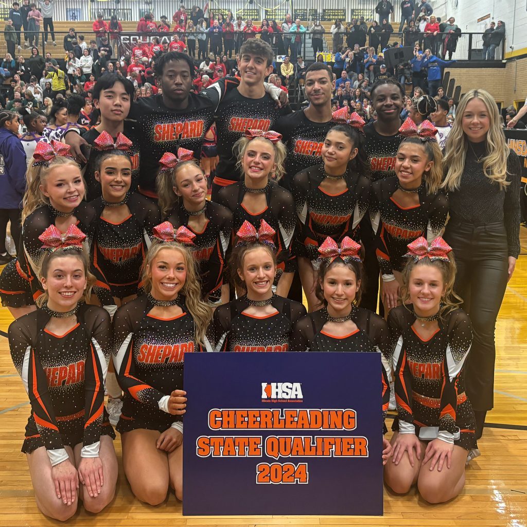 The varsity cheerleaders from Shepard High School took second place at the IHSA Sectional at Hinsdale South to qualify for the IHSA state finals. (supplied photos)