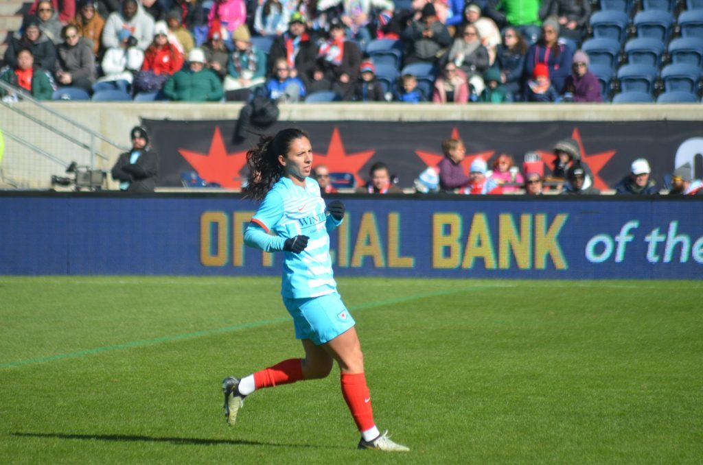 Julia Bianchi heads back on defense shortly after delivering a first-half goal for the Chicago Red Stars on March 23 at SeatGeek Stadium in Bridgeview. Photo by Jeff Vorva
