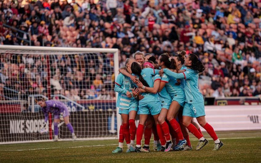 Chicago Red Stars players celebrate a goal against Utah in the season-opener for both teams on March 16. The Red Stars won, 2-0. Photo courtesy of Chicago Red Stars