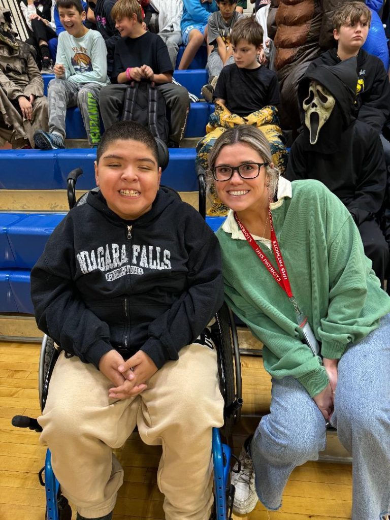 Palos Heights School District 128 paraprofessional, Moira Touhy, was selected to be a part of the Golden Apple Accelerator Program. She is pictured (right) alongside Independence Junior High sixth-grader, Isaac Ceja. (Supplied photo)
