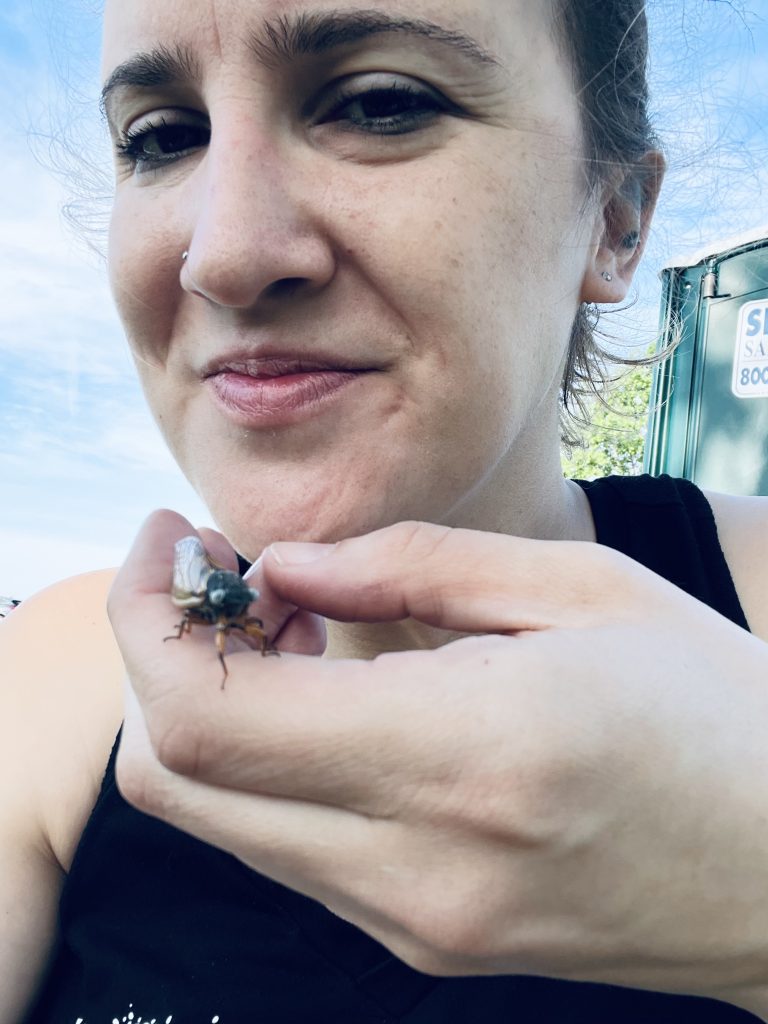 Kelly Simkins shows off a blue-eyed cicada that she found in Orland Park. (Photo provided by Kelly Simkins)
