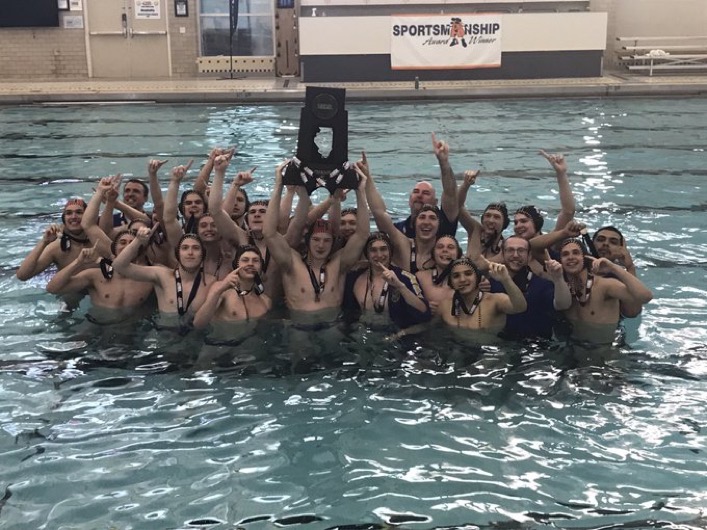 The Lyons boys water polo team celebrates its state championship on May 18 in Lincolnshire.  Photo courtesy of Lyons Township High School

