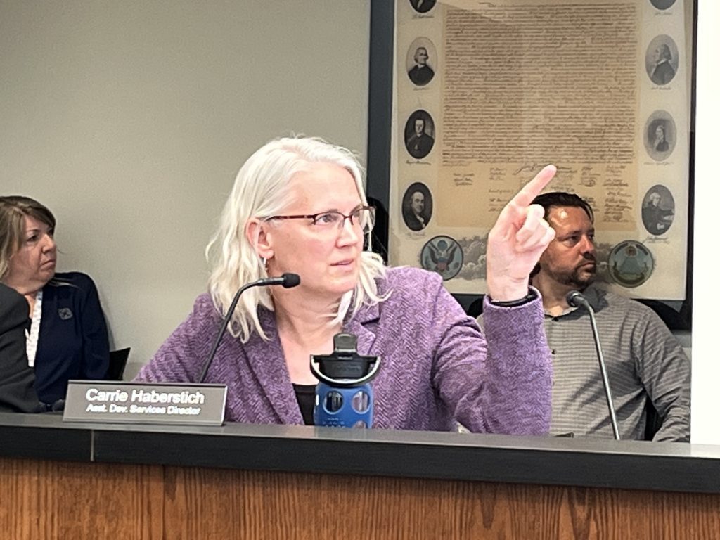 Orland Park's Assistant Director of Development Carrie Haberstich gives the village board an overview of the Crossroads project. (Photo by Jeff Vorva)