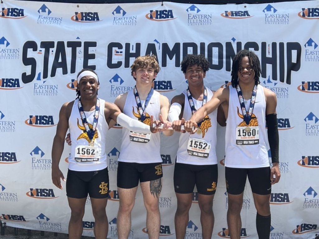 The St. Laurence 400 meter relay team of Harley Rizzs, Quinton Williams, Vincent Enoch and Monroe Thompson Jr. won the 2024 state championship in 41.94, becoming the first relay team in Vikings history to win a state title. Photo courtesy of St. Laurence High School