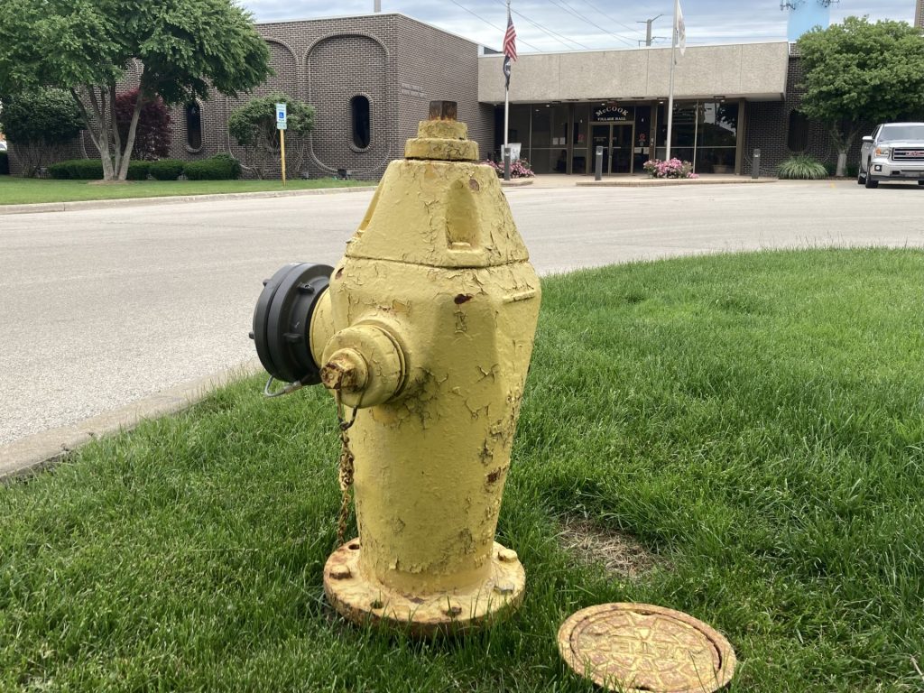 McCook plans on sandblasting decades of paint off its fire hydrants -- like this one near the village hall -- and painting them a color to be determined. (Photo by Steve Metsch) 