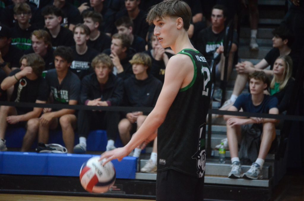 York's Ben Brown, shown getting ready to serve against Marist in the state championship on June 1, is the son of Chris Brown, who helped Oak Lawn finish fourth in the state in 1993. Photo by Jeff Vorva